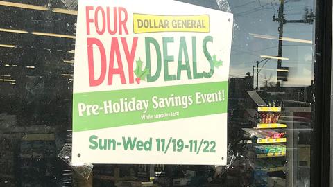 Dollar General 'Pre-Holiday Savings Event' Window Sign