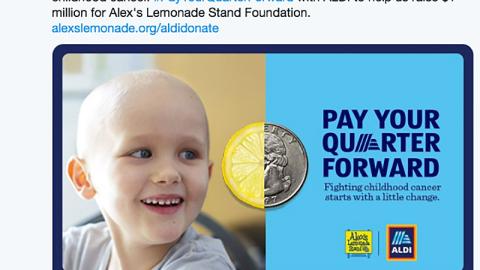 Aldi Alex's Lemonade Stand Foundation 'Pay Your Quarter Forward' Twitter Update