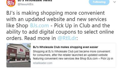 BJ's Wholesale News 'New Services' Twitter Update