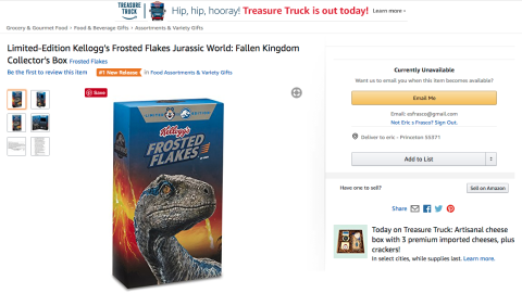 Amazon Kellogg's Frosted Flakes 'Jurassic World' Collector's Box Listing