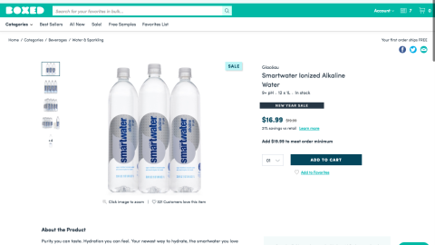Boxed Smartwater 'Ionized Alkaline' Product Page