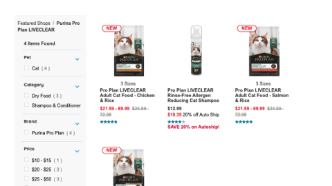 PetSmart Purina Pro Plan LiveClear E-Commerce Page