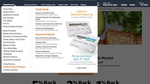 Amazon 'Prime Members Earn 5% Back' Category Drop-Down Ad